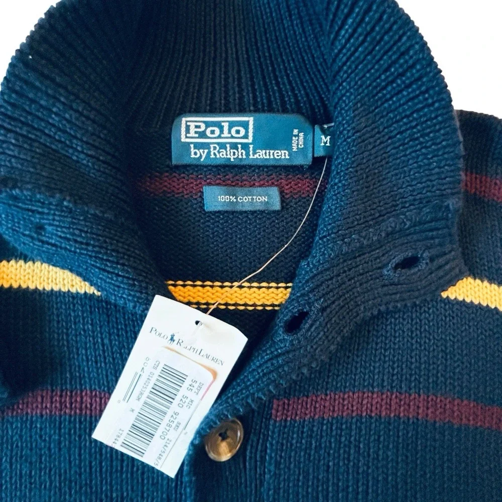 Polo Ralph Lauren Mens Medium Dark Teal Striped Mock Neck Cotton Sweater NWT
